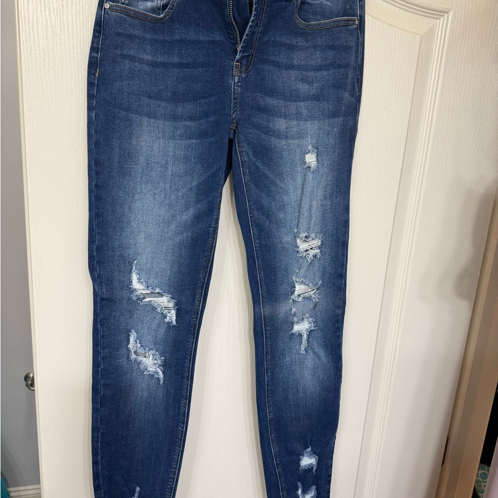 Stretch Mid-Rise Dark Blue Distressed Skinny Jeans